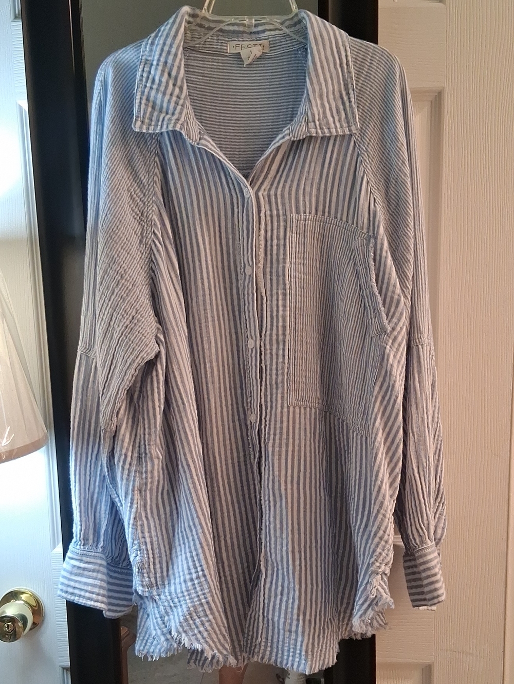 Striped Light Blue Button-Up Blouse with Pocket - Women's Relaxed Fit